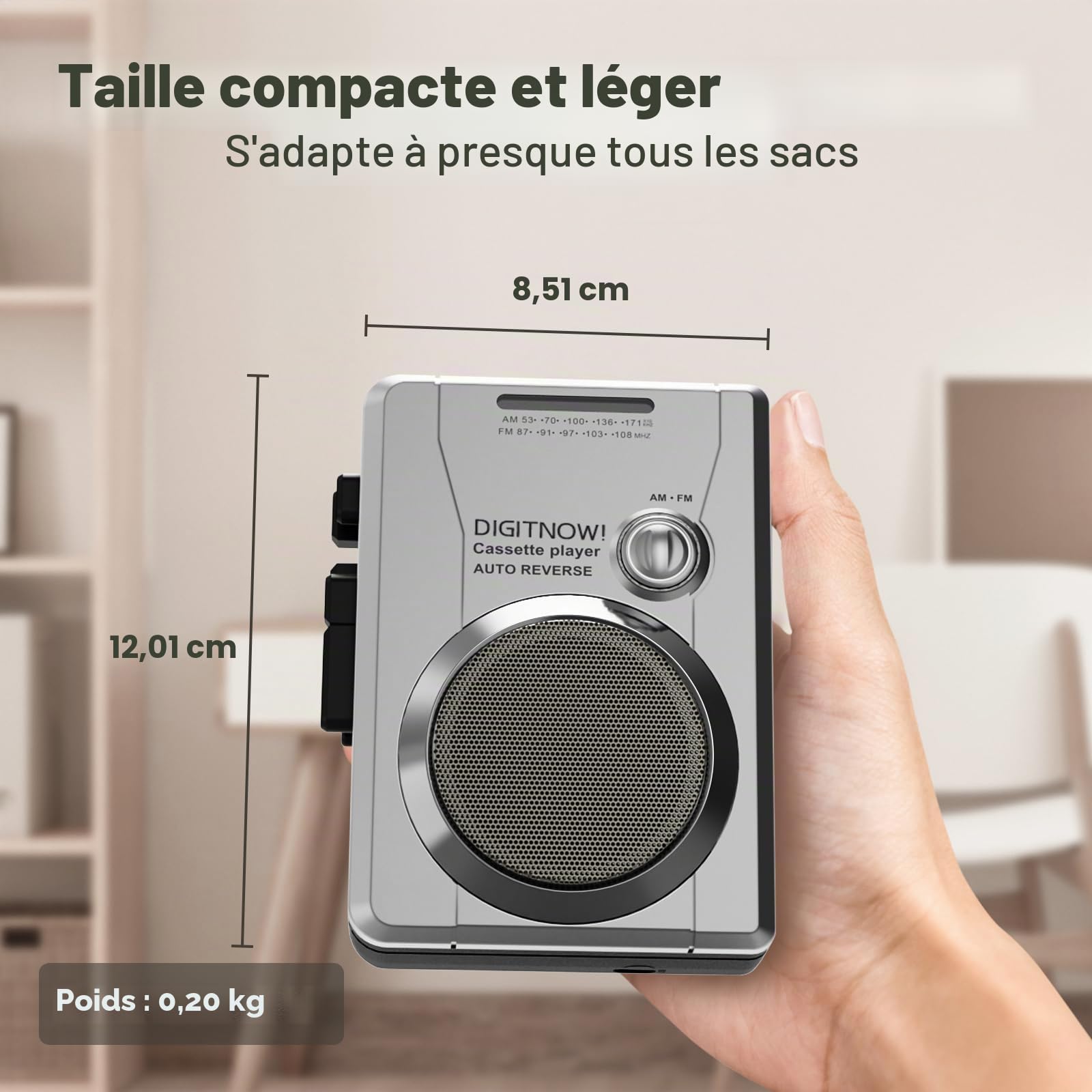 Enregistreur de cassettes rétro, lecteur de cassettes portable avec radio AM/FM, clip de ceinture, haut-parleur intégré et prise casque 3,5 mm (Argent)