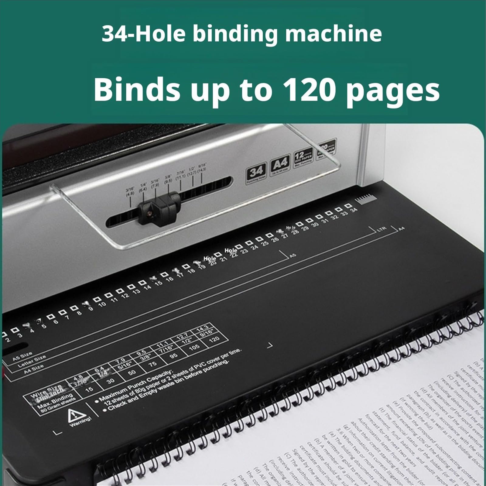 Rilegatrice A Spirale Manuale Formato A4, Con 34 Fori E Capacità Di 12 Fogli, Margine Regolabile 3/4/5 Mm, Passo 3:1, Ideale Per Relazioni, Contratti E Documenti D'ufficio Machine+50single-coil