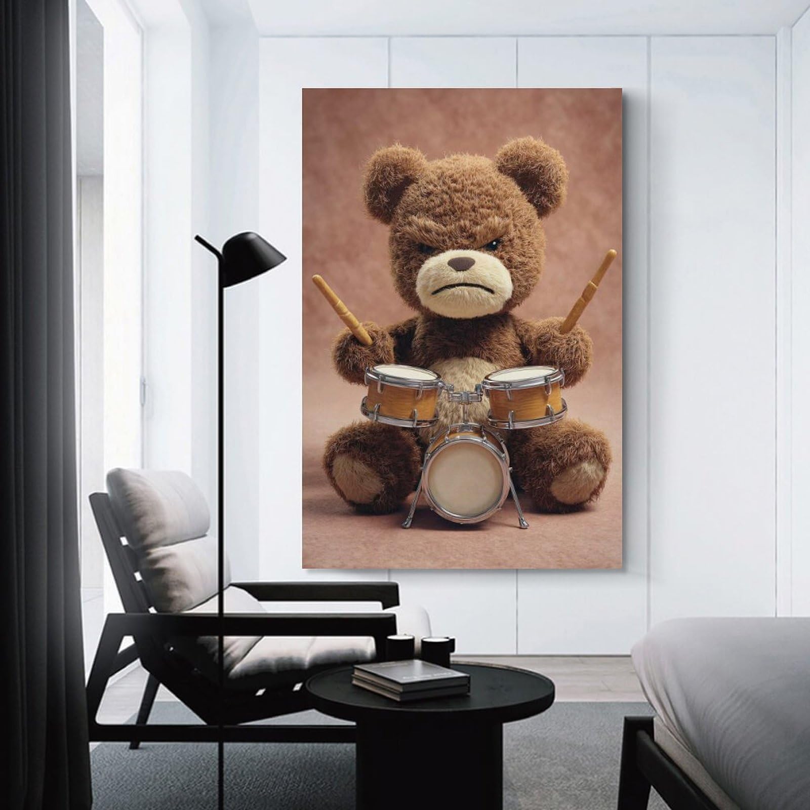 Junmoney Grumpy Teddy Bear Drummer Home Decor Wall Art, 20x30inch(50x75cm), for Wall Displays, Bedrooms Or Room Updates, Ideal for Building A Coordinated Art Wall