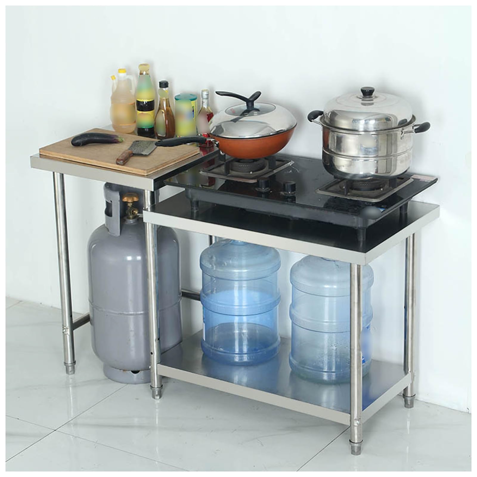 Encimera de cocina de acero inoxidable para organizar electrodomésticos y vajilla