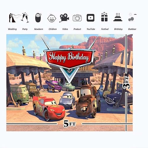 Miniatura 2 de Telón de fondo de vinilo para el primer cumpleaños del auto McQueen para niños, cartel de vinilo para decoración de fiestas infantiles (5 x 3 pies)