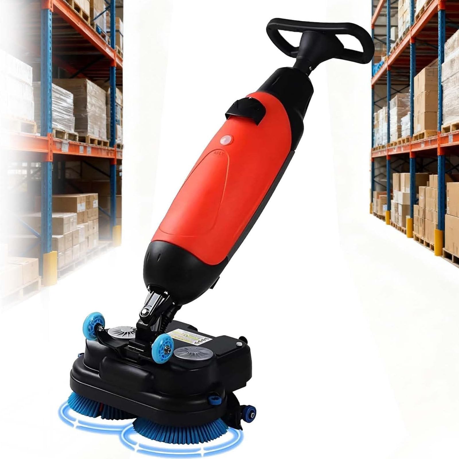 Drmoxin Red Walk Behind Floor Scrubber Dryer, Portable Commercial Scrubber, Cordless, 2 Adjustable Brushes, For Efficient Cleaning In Supermarkets And Large Spaces