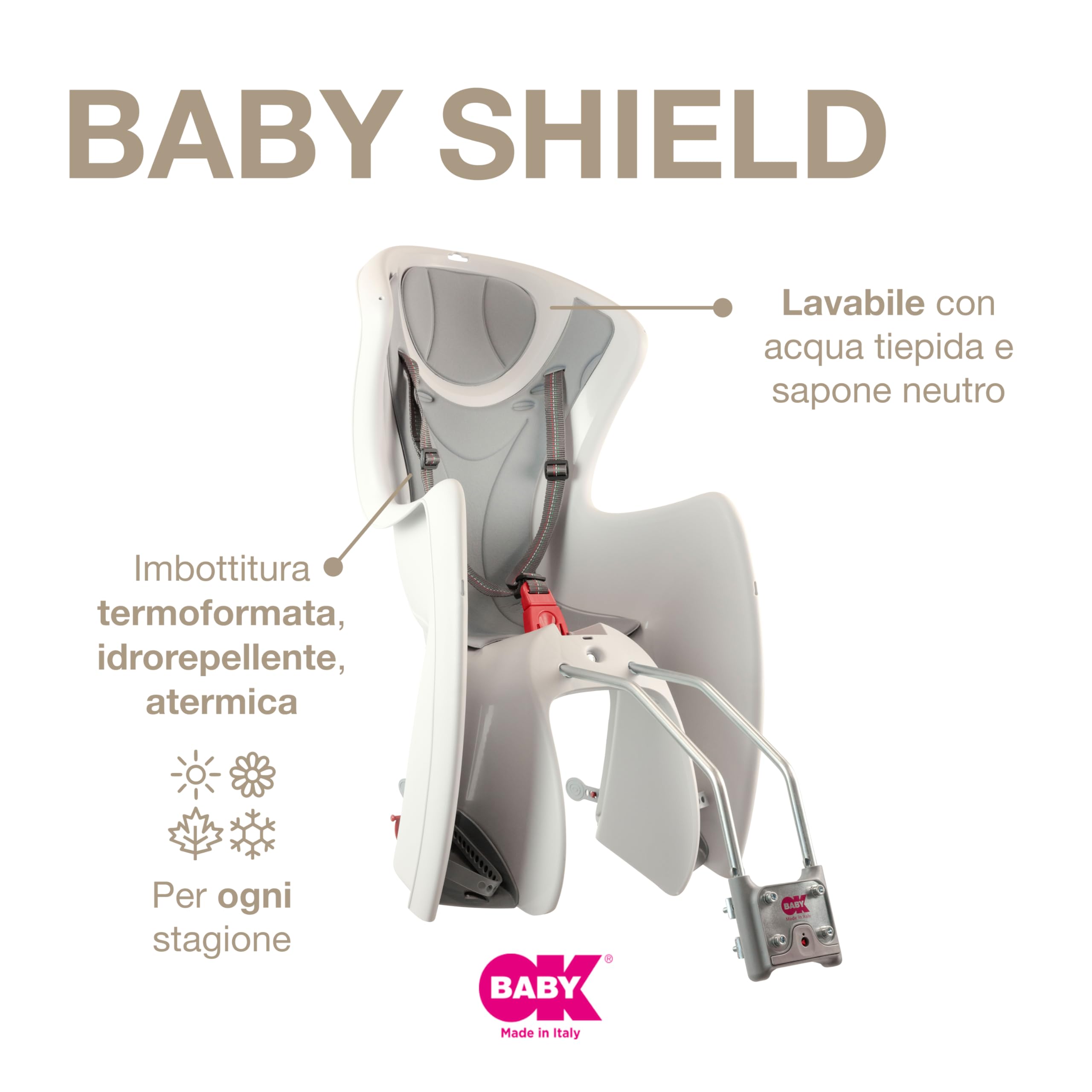 OKBABY Baby Shield - Seggiolino da Bicicletta Posteriore per Bambini, Portata Massima: 22 kg, Per telai con diametro compreso tra 28 mm e 40 mm, Argento