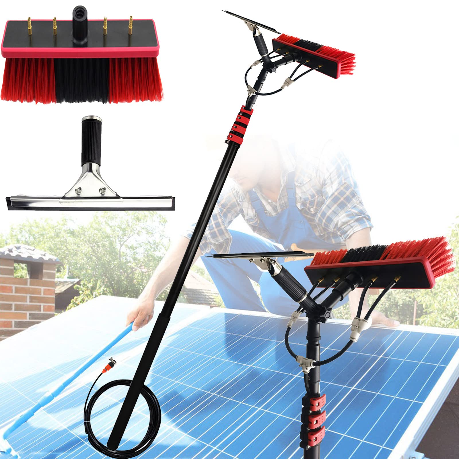 telescopic cleaning pole, Window cleaning pole, Equipment Angle Adjustable Band Scraper for Photovoltaic Panel Cleaning Trucks(35cm Brush Head,11M/36FT)