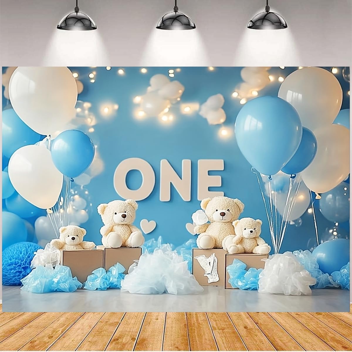 Blue Balloon Bear 1st Birthday Backdrop Blue Hot Air Balloon Bear One Years Old Backdrops Baby Shower Photography Background Kids 1st Birthday