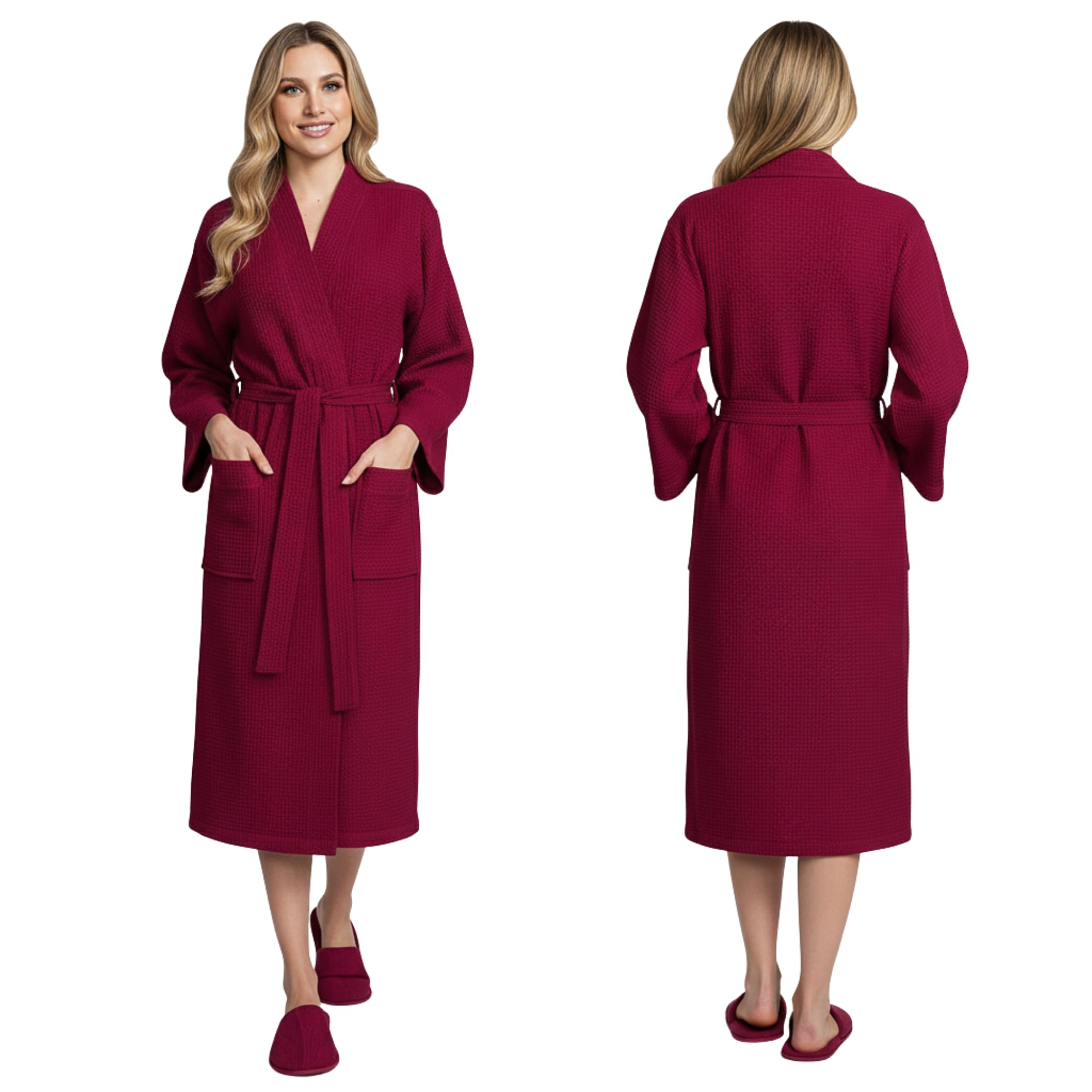 Lotus Linen Long Waffle Cotton Robes for Women – Monogram, Lightweight, Soft Kimono Spa Bathrobe with Pockets