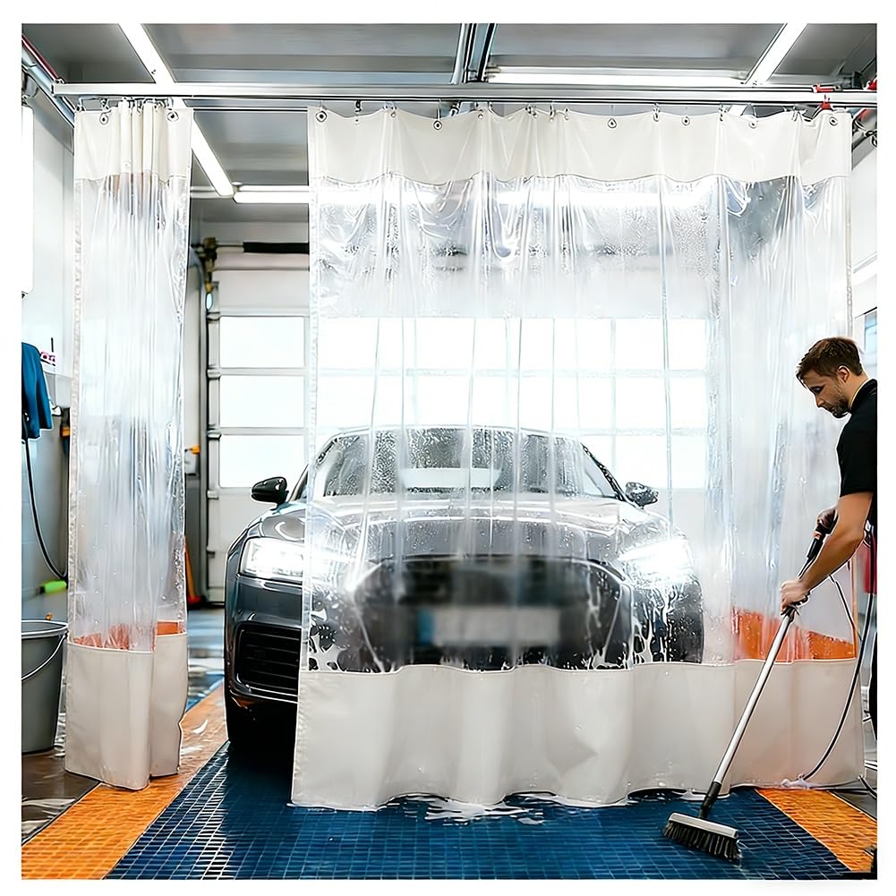 GJMSSMY Industrial Wash Bay Curtains with Eyelets, 0.6mm Clear Waterproof PVC Tarpaulin Side Panels, Garage Divider Curtains Push-Pull Partition Curtain, for Factory Workshop(White,2.5x2.5m/8.2x8.2f