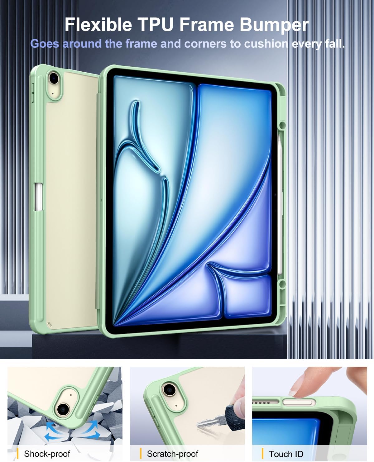 TiMOVO Case for New iPad Air 13 inch (M3/M2-2025/2024) with Pencil Holder, Slim Stand Protective Cover with Clear Transparent Back Shell for iPad Air 13 inch, Auto Wake/Sleep, Green