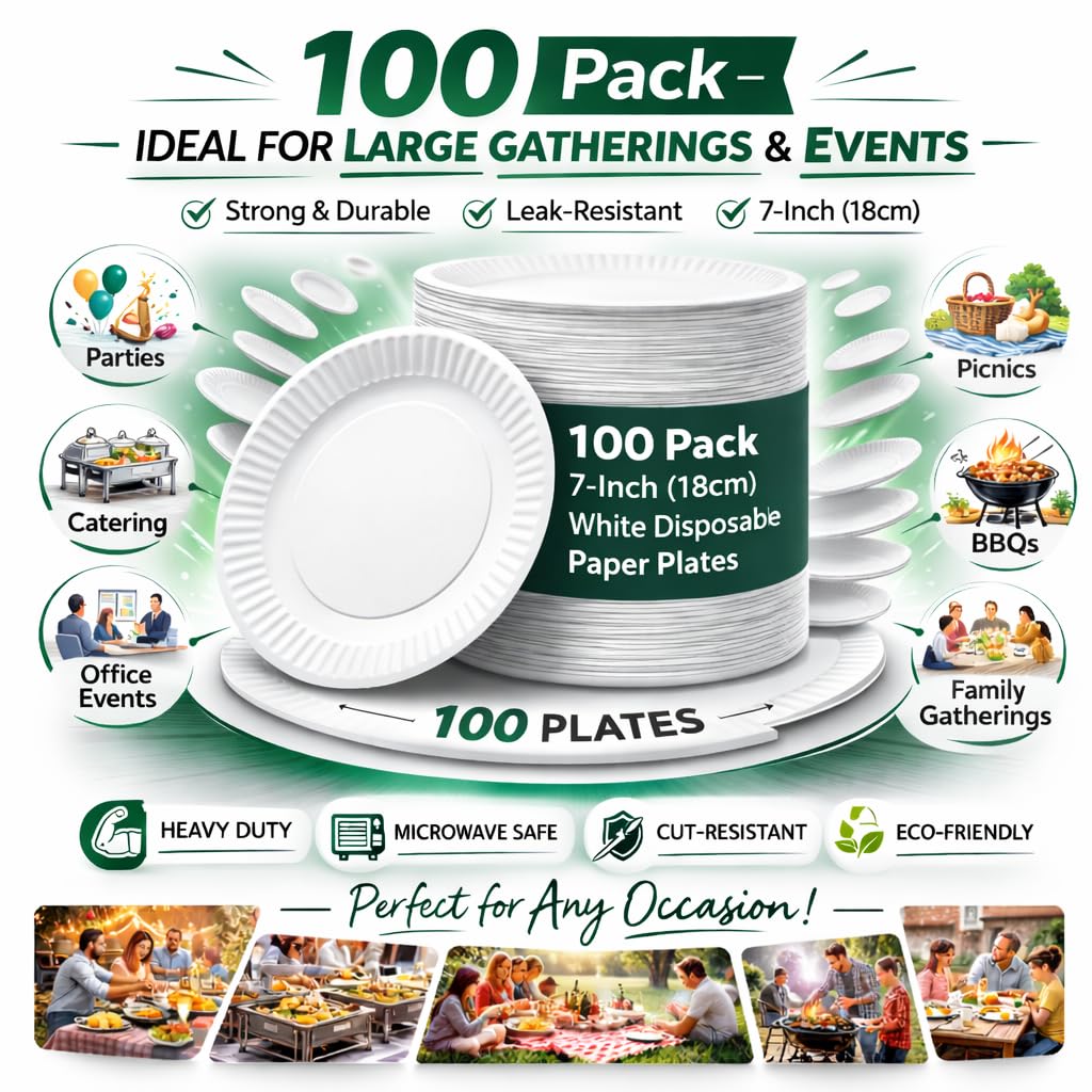 1ABOVE Confezione da 100 piatti di carta usa e getta da 18 cm, piatti di carta bianchi perfetti per l'uso quotidiano, ideali per barbecue, feste ed eventi