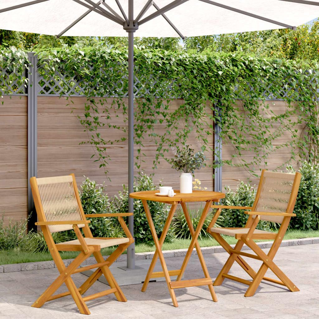 Set da Bistrot 3 Pezzi Pieghevole in Legno Massello di Acacia e PP | Tavolo tondo pieghevole con due sedie beige resistenti per arredare con stile terrazzo, balcone o piccolo giardino.