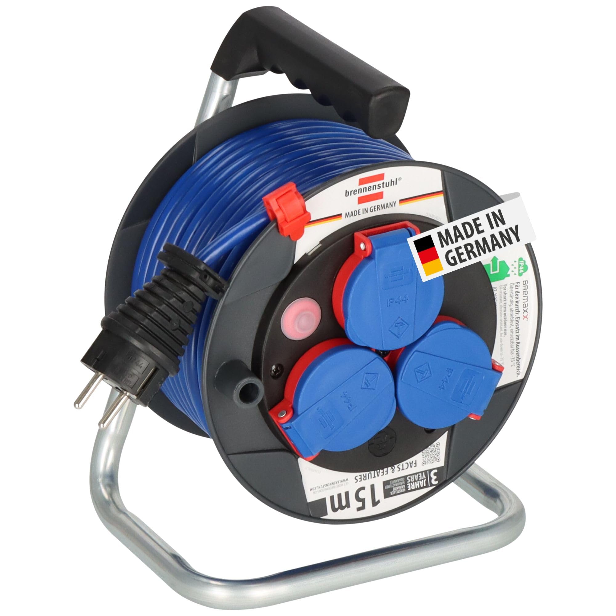 Brennenstuhl Garant Kompakt IP44 Kabeltrommel (15m Kabel in blau, Spezialkunststoff, kurzfristiger Einsatz im Außenbereich, Made in Germany)