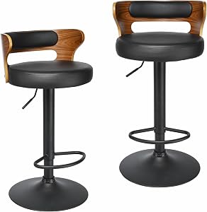 Moustache Bar Stools Set of 2,Adjustable 25.2" - 33.5" Counter Height | Upholstered, Height Adjustable, Swivel, PU Leather, Metal Footrest