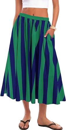 Panadila Women Striped Midi Skirt High Waisted Flowy Summer Skirt