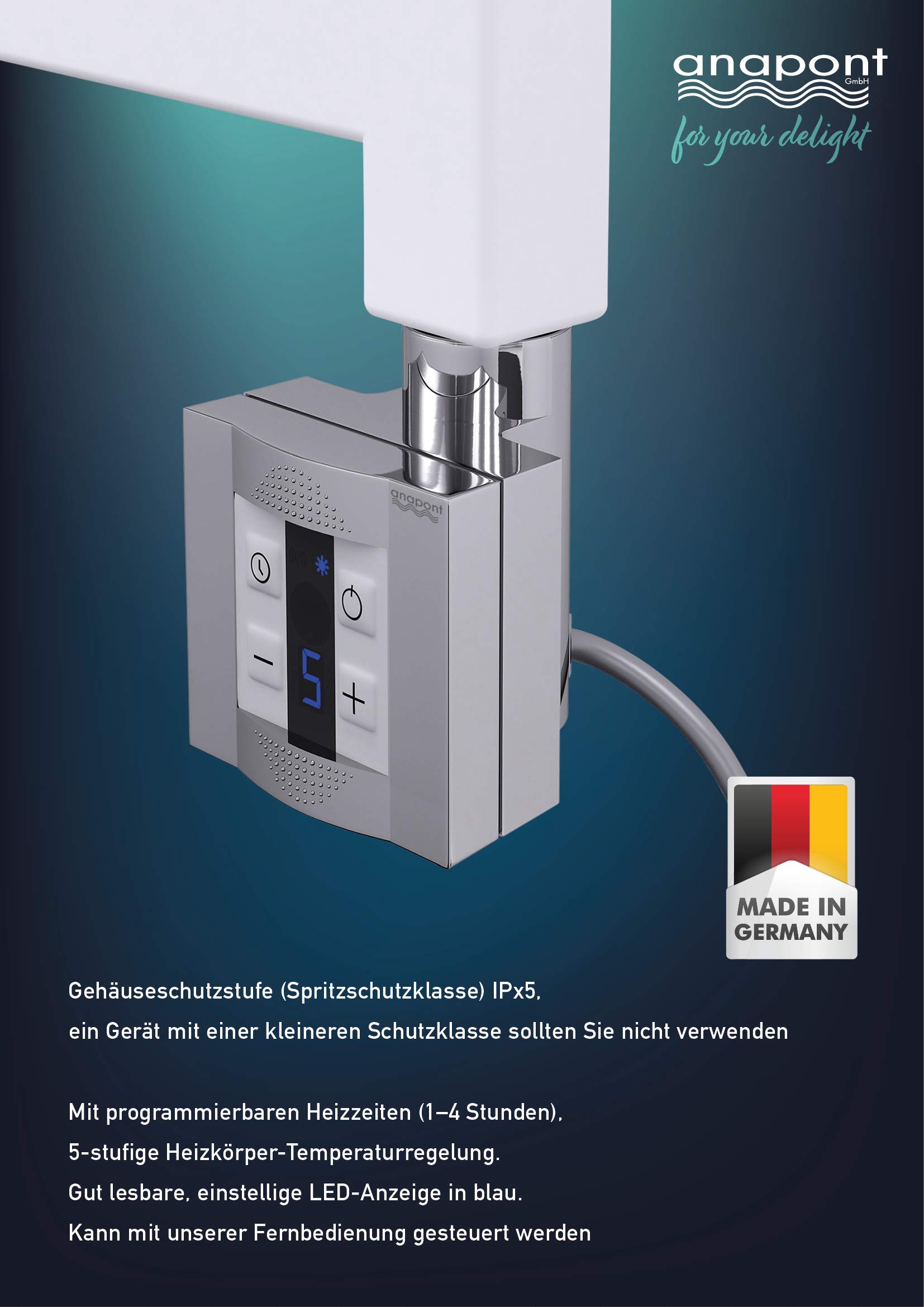 anapont Elektryczny grzejnik łazienkowy, chrom, prosty, dostępny w różnych rozmiarach, łącznie z grzałką i różnymi wkładami grzewczymi do wyboru (KTX 4, 1175 wys. x 500 B)
