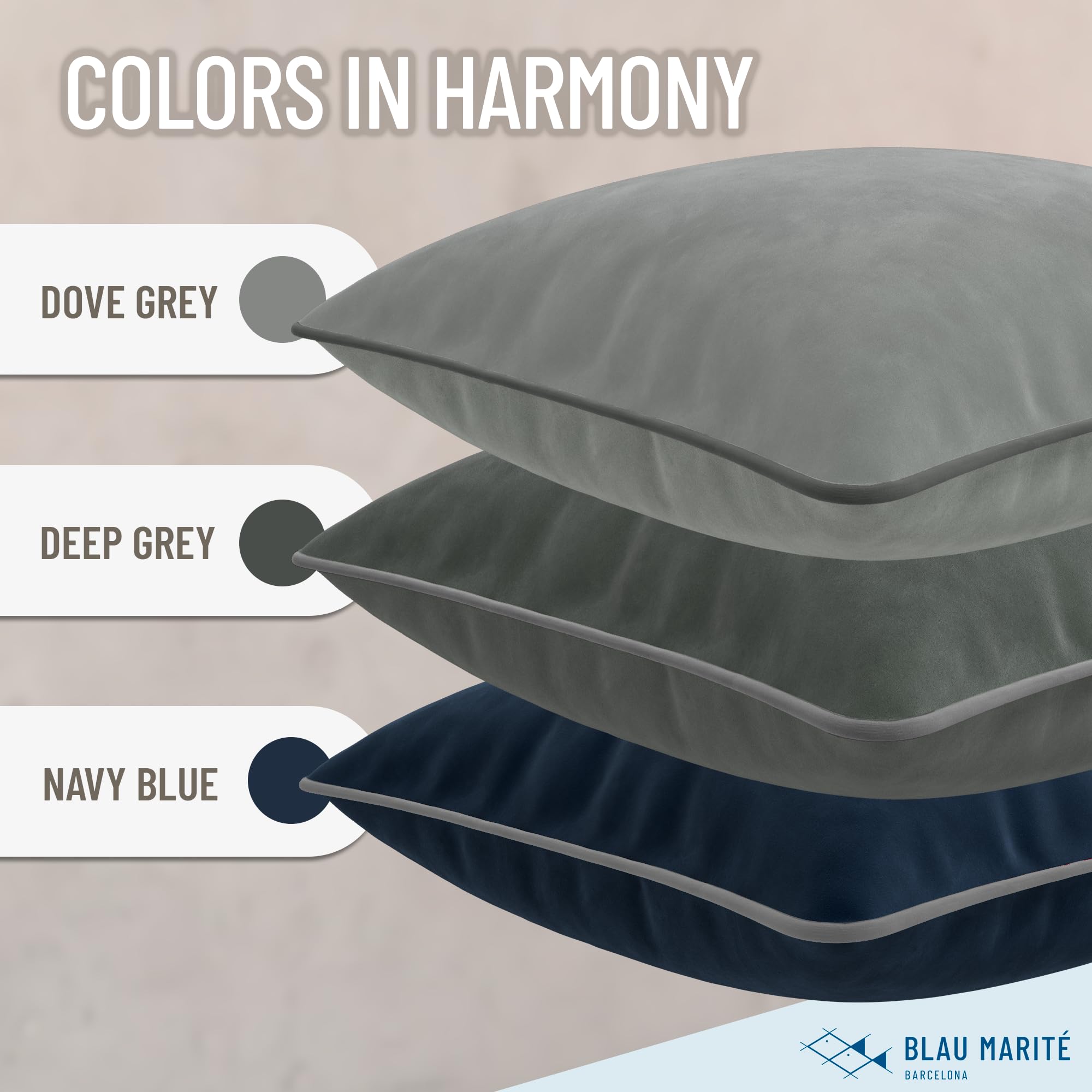 Blau Marité Set of 2 Velvet Throw Pillow Covers with Contrast Piping, Soft Decorative Cushion Covers, Deep Grey, 20"x20" (50x50 cm) - Image 4