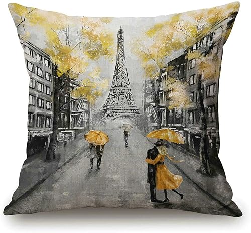 Pintura al óleo París Europea Paisaje de la Ciudad de Francia Torre Eiffel Negro Blanco y Amarillo Moderno Pareja Bajo Cuadrado Funda de Cojín