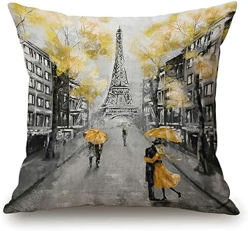 Oil Painting Paris European City Landscape France Eiffel Tower Black White and Yellow Modern Couple Under Square Decorative Throw Pillow Case Cushion Cover 18 x 18 inch