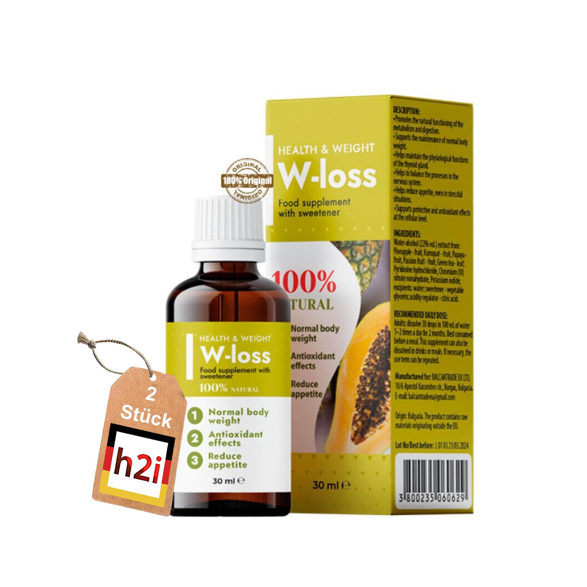 h2i W-loss Tropfen | 2 x 30 ml | Appetitzügler & Gewichtskontrolle | Nahrungsergänzungsmittel mit Vitaminen, Mineralstoffen und Pflanzenextrakten
