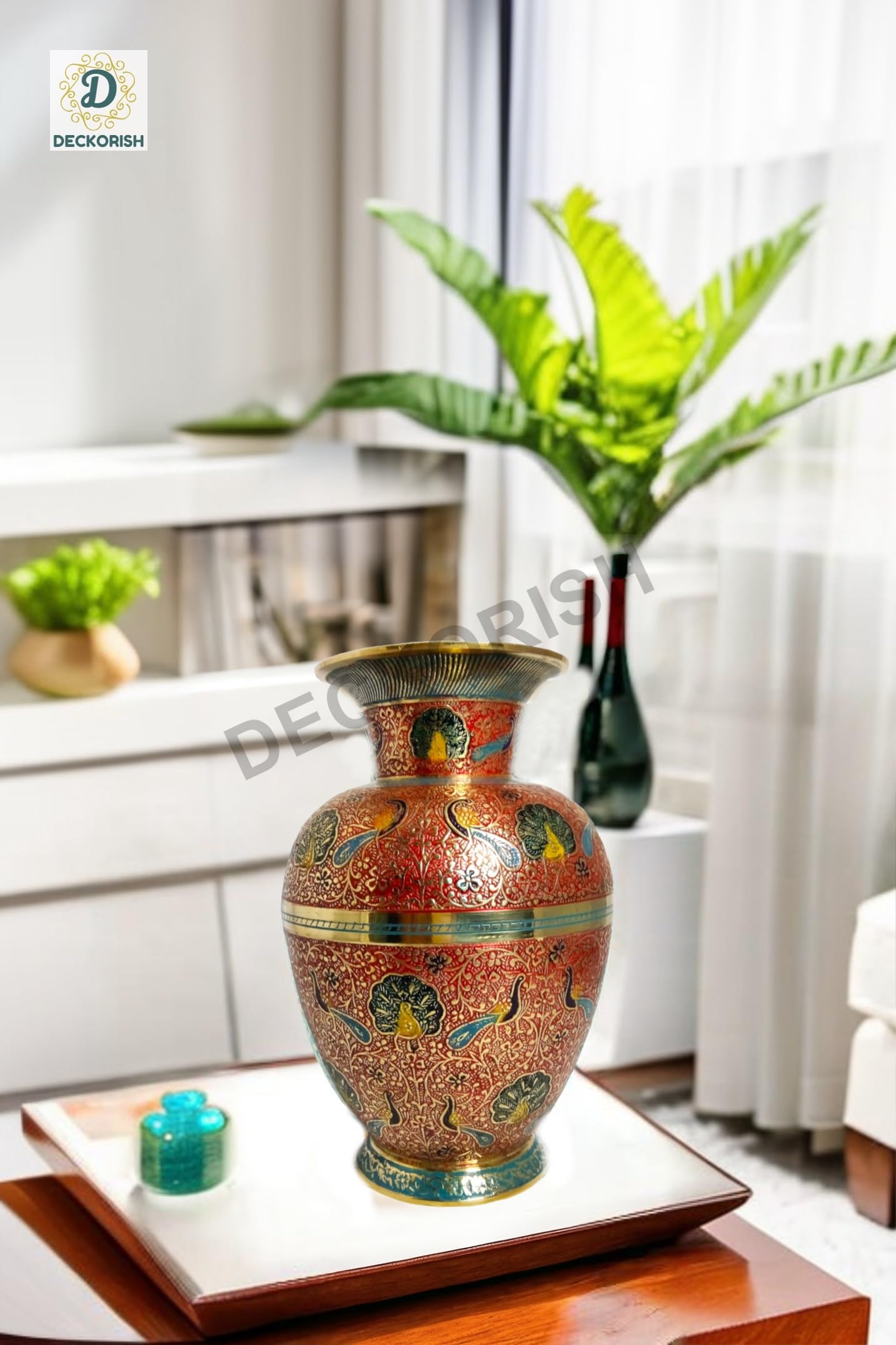 DECKORISH Antique Hand Crafted Brass Red Color Decorative Flower Vase for Living Room 15 CM-image-12