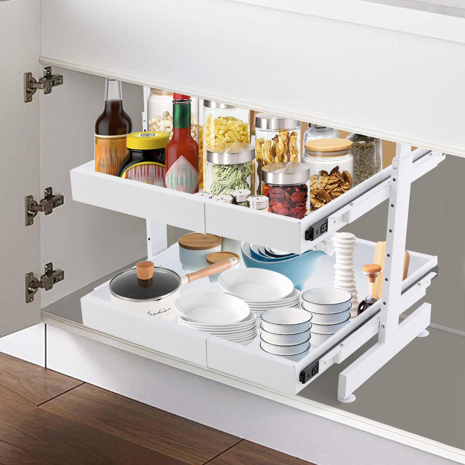 Küchen organizer | Organizer küche | Schubladen | Ausziehbarer Schrankorganizer | 2-stufig | Höhen- & Längenverstellbar | 10 kg Tragkraft pro Ebene | Platzsparend für Küche & Bad