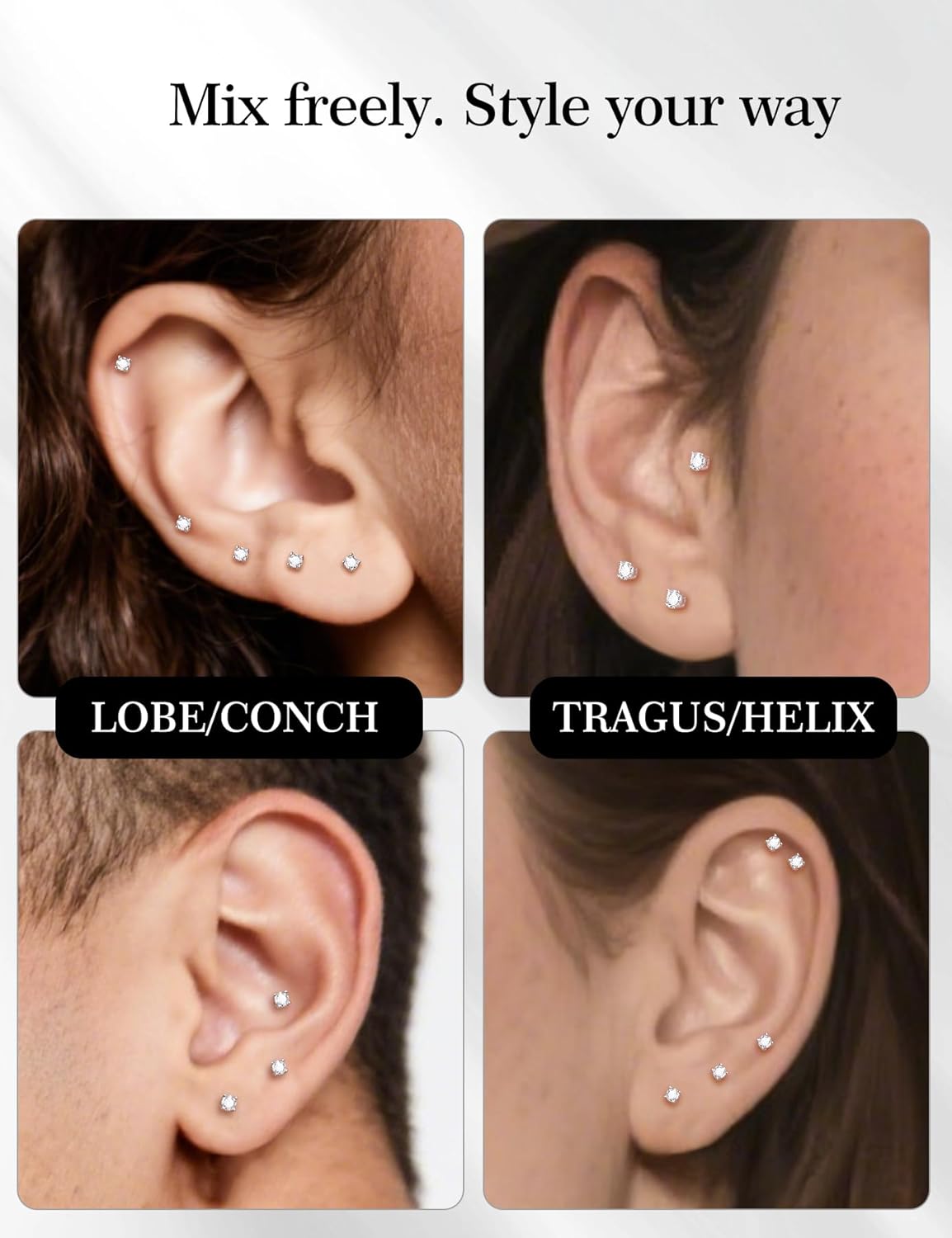 5 Pairs Small Moissanite Flatback Stud Earrings for Women Men,Sterling Silver Hypoallergenic Flat Back Earrings,18K White Gold Plated Cartilage Earring Set - Image 2