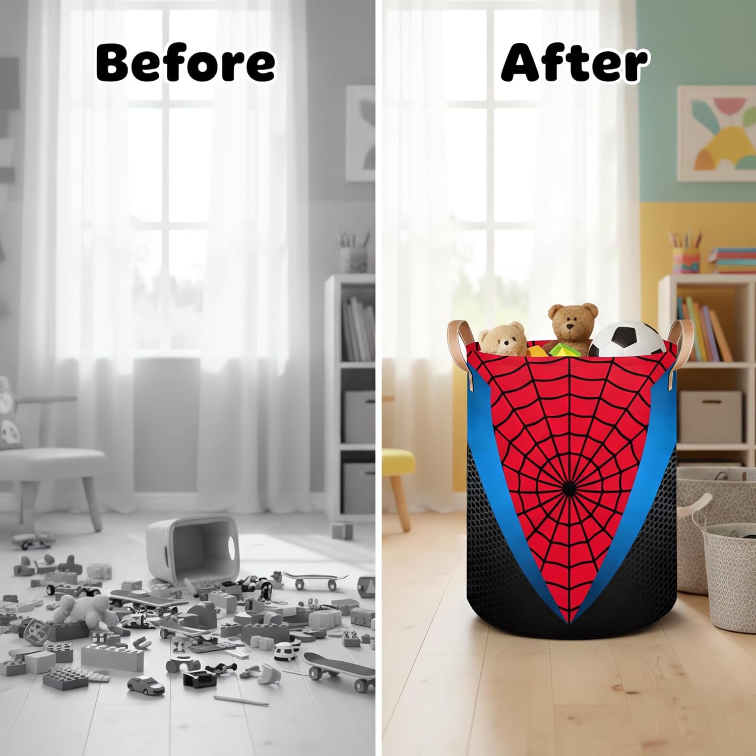 Large Laundry Basket Hamper - Red Blue Spider Web 62L Collapsible Storage Bin for Blankets,Kids Toys, Dirty Clothes, Tall Baby Nursery Hamper for Bathroom, Boys Bedroom Decor,Gift Basket