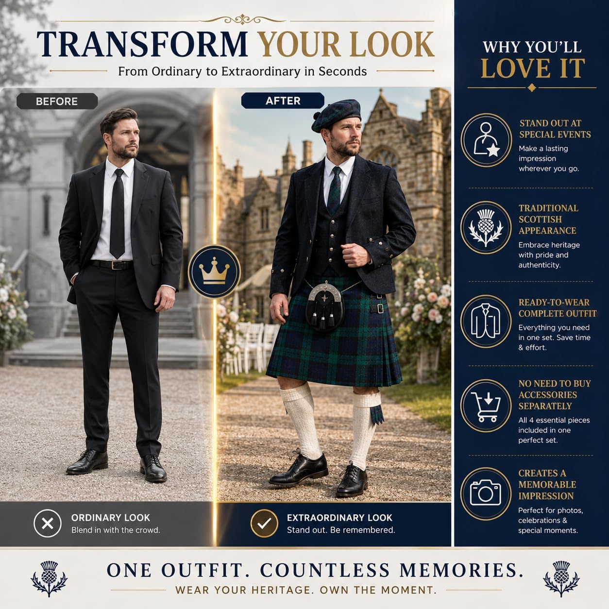 Kilt For Men | 4 Piece Tartan Kilt Set with Tam O’ Shanter Hat, Matching Flashes and Full Calf Socks