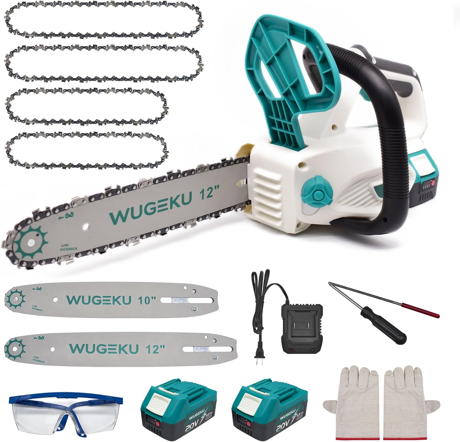 12" & 10" Electric Chainsaw Cordless, 20V Brushless Battery Chainsaws with 2 x 4.0AH Batteries - 4 x Chains, Auto Oiler, Tool-Free Chain Tension, Safety Lock