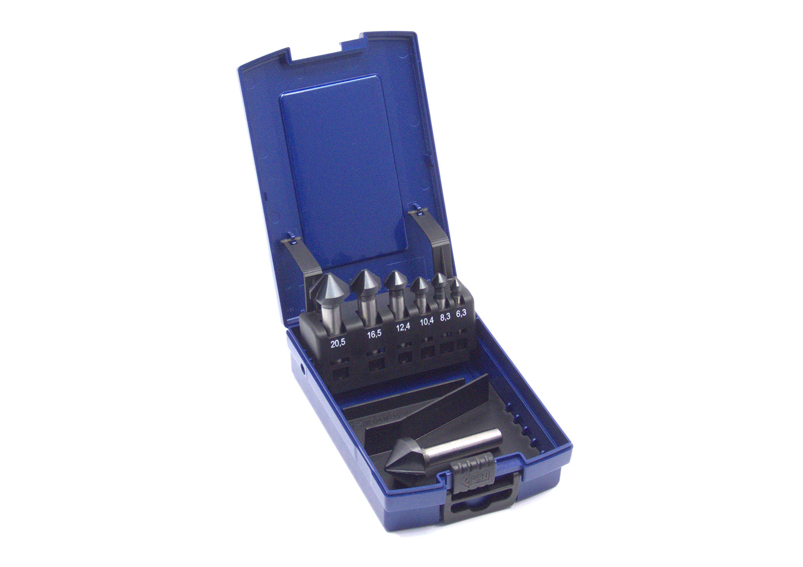 Juego de avellanadores cónicos (5 piezas, sin revestimiento, 6,3 mm - 25 mm, HSS-G, ángulo de 90°, en caja rosa), 7-teilig TiAlN mit Schmierstift, 7 piezas TiAlN con lápiz lubricante.