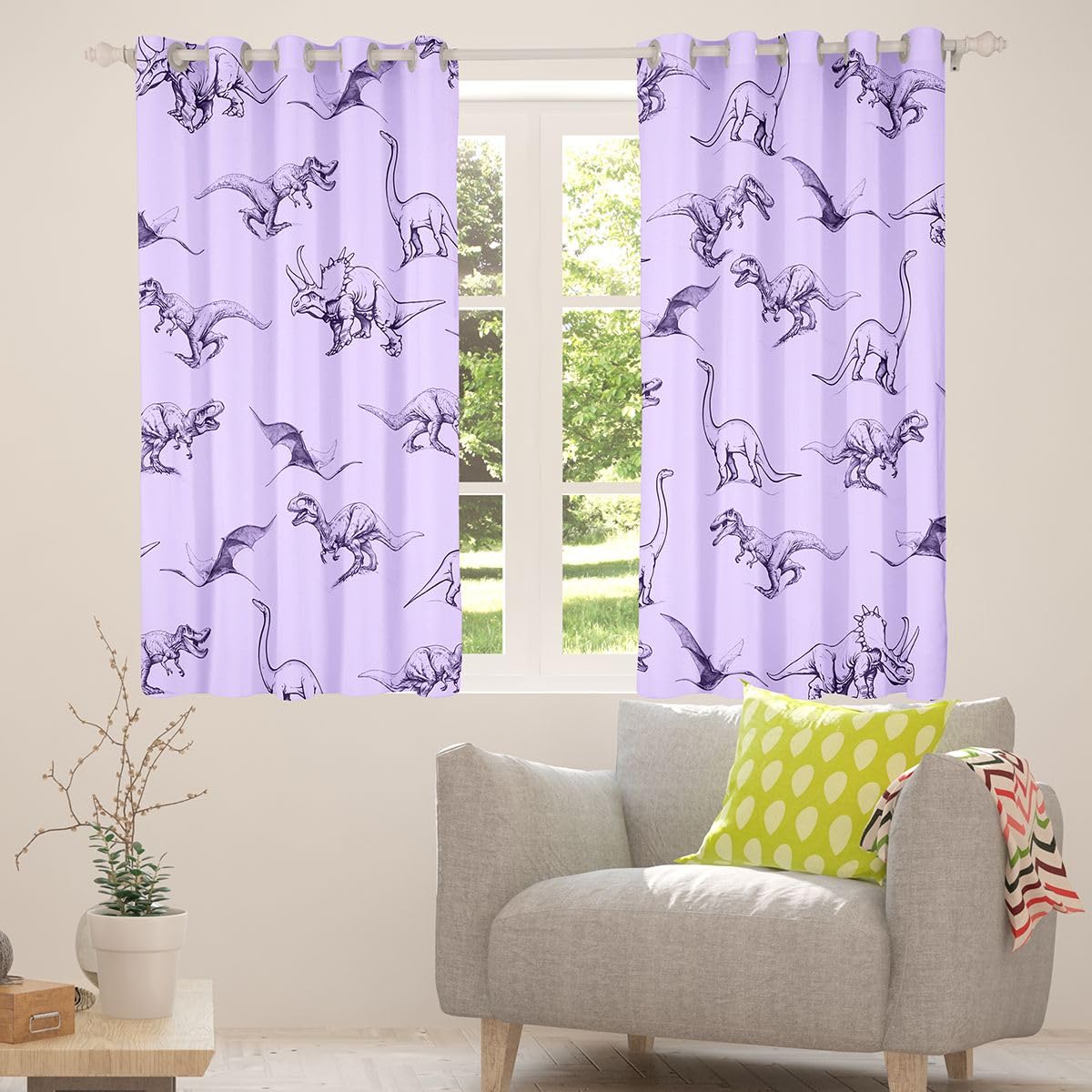 Homewish Rideau Occultant 140x245 cm Jurassique Rideau Dinosaure Rideaux Voilage Ptérosaure Tricératops Dessiné à la Main Voilage Fenetre Dessin au Trait Simple Violet pour Chambre Salon