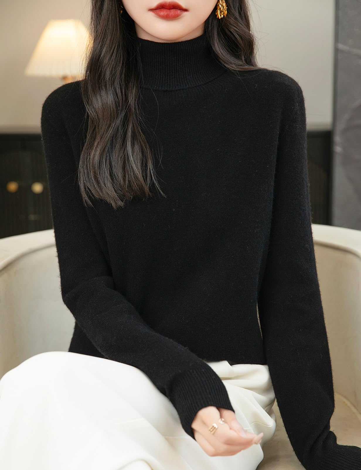Chanyarn Mujer Jersey de Cuello Alto 100% Lana Merina 2024 Primavera Otoño Manga Larga Sin Costuras Jersey de Punto