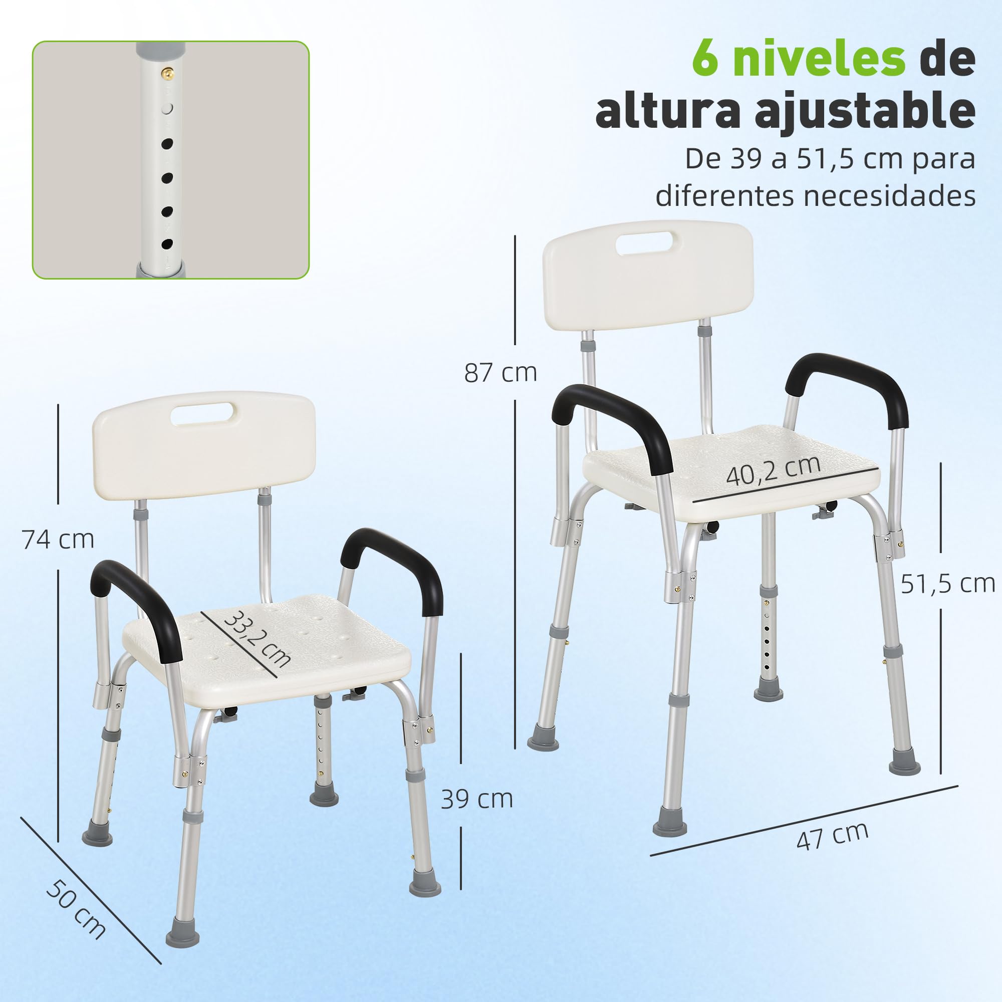 HOMCOM Silla Ducha Personas Mayores Taburete de Ducha Silla para Ducha con Respaldo Altura Regulable Antideslizante y Apoyabrazos Carga 136 kg Ayuda para Baño para Ancianos y Discapacitados