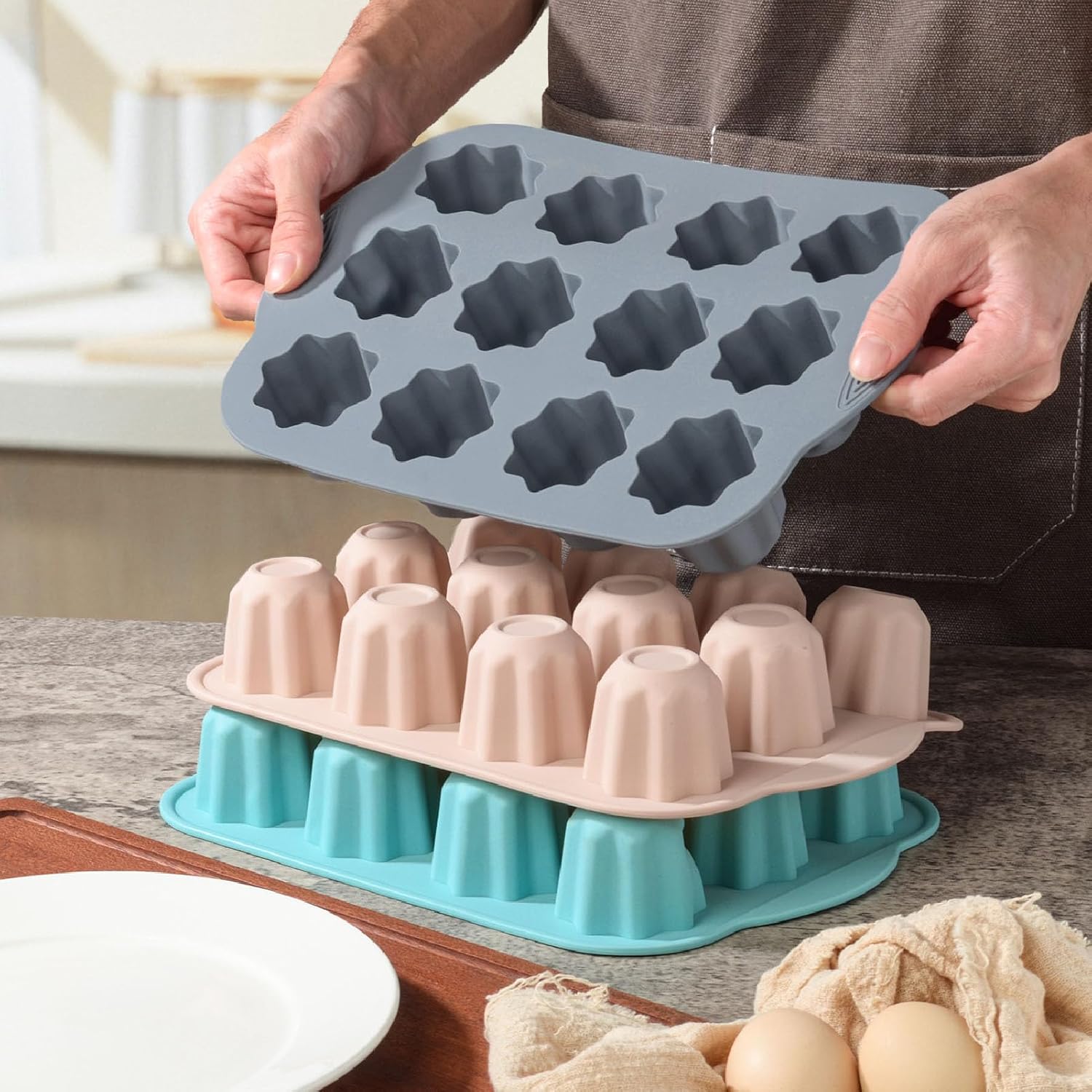 VINGVO Canele Mold, 3Pcs 12 Cavity Non Stick Easy Release Food Grade Silicone Baking Mold Cupcake Baking Pan Professional Bakeware Set for French Cake, Pastry & Muffins