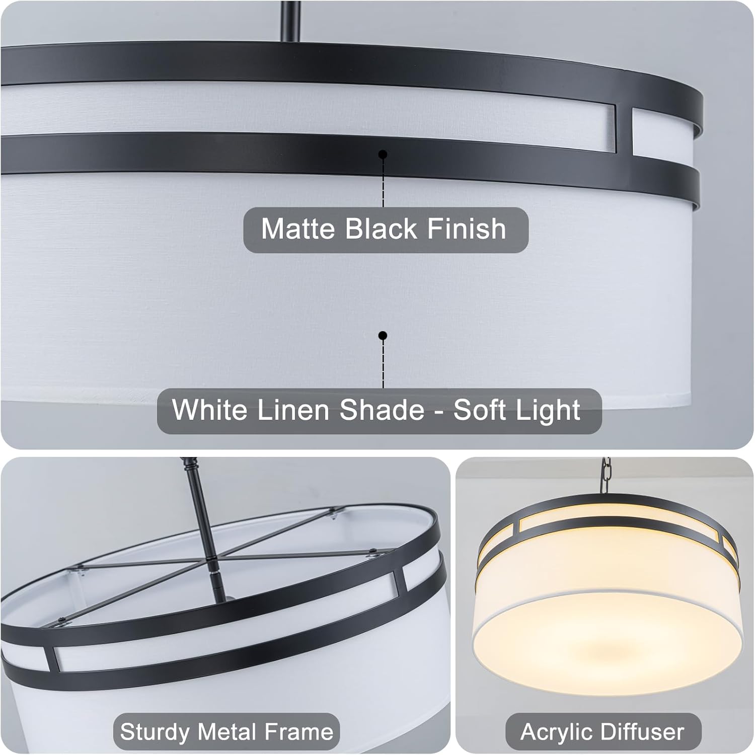 Modern Drum Chandelier 19.69" Black Dining Room Light Fixture with White Linen Shade Farmhouse Pendant Lights Round Kitchen Chandeliers over Table Ceiling Hanging Light for Entryway Foyer Bedroom E12