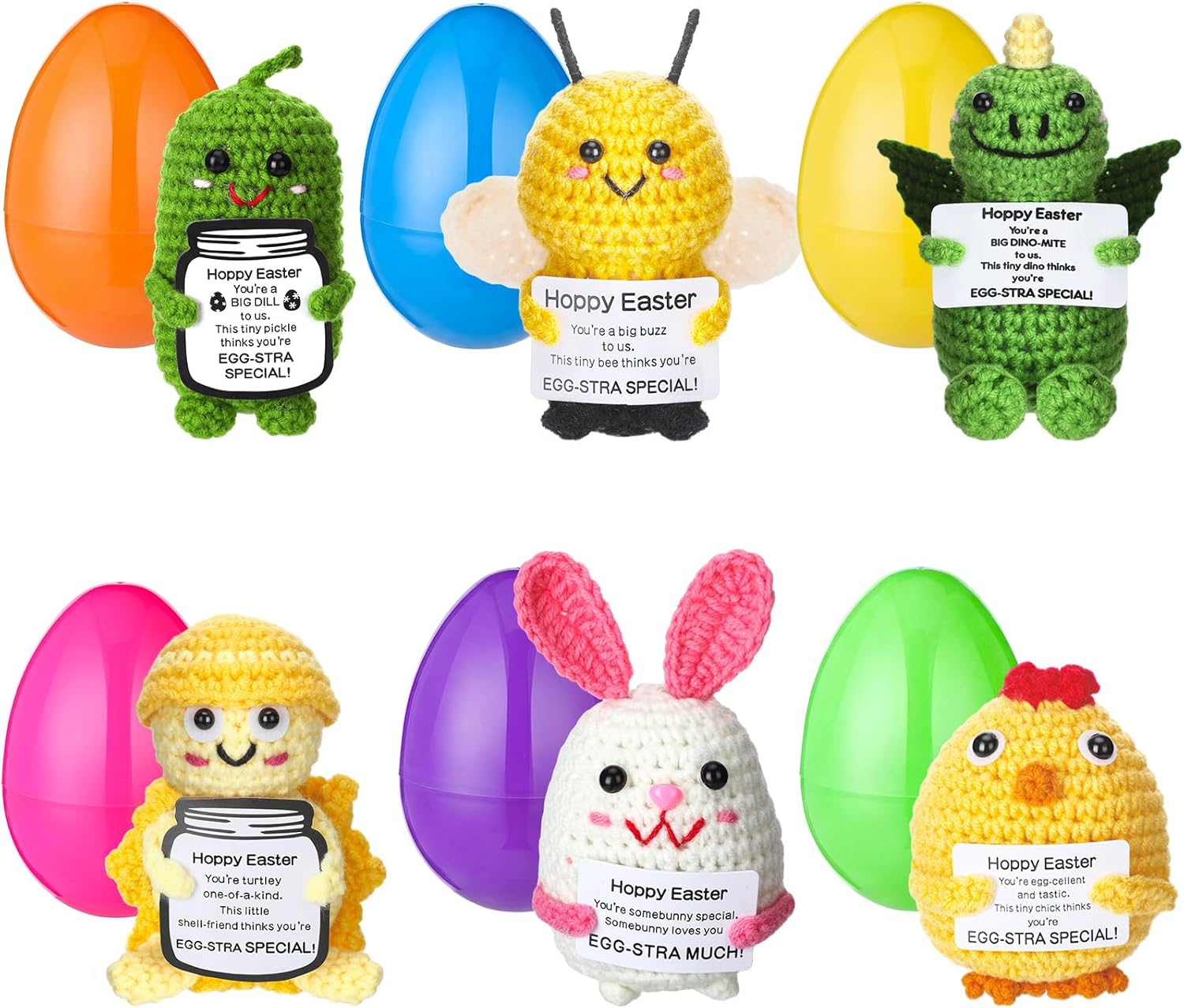 6 Pack Easter Eggs with Crochet Toys 4.7inch Eggs Filed with Handmade Positive Easter Basket Stuffers for Kids Teens Egg Hunt Party Favors Gift Classroom Prize Supplies