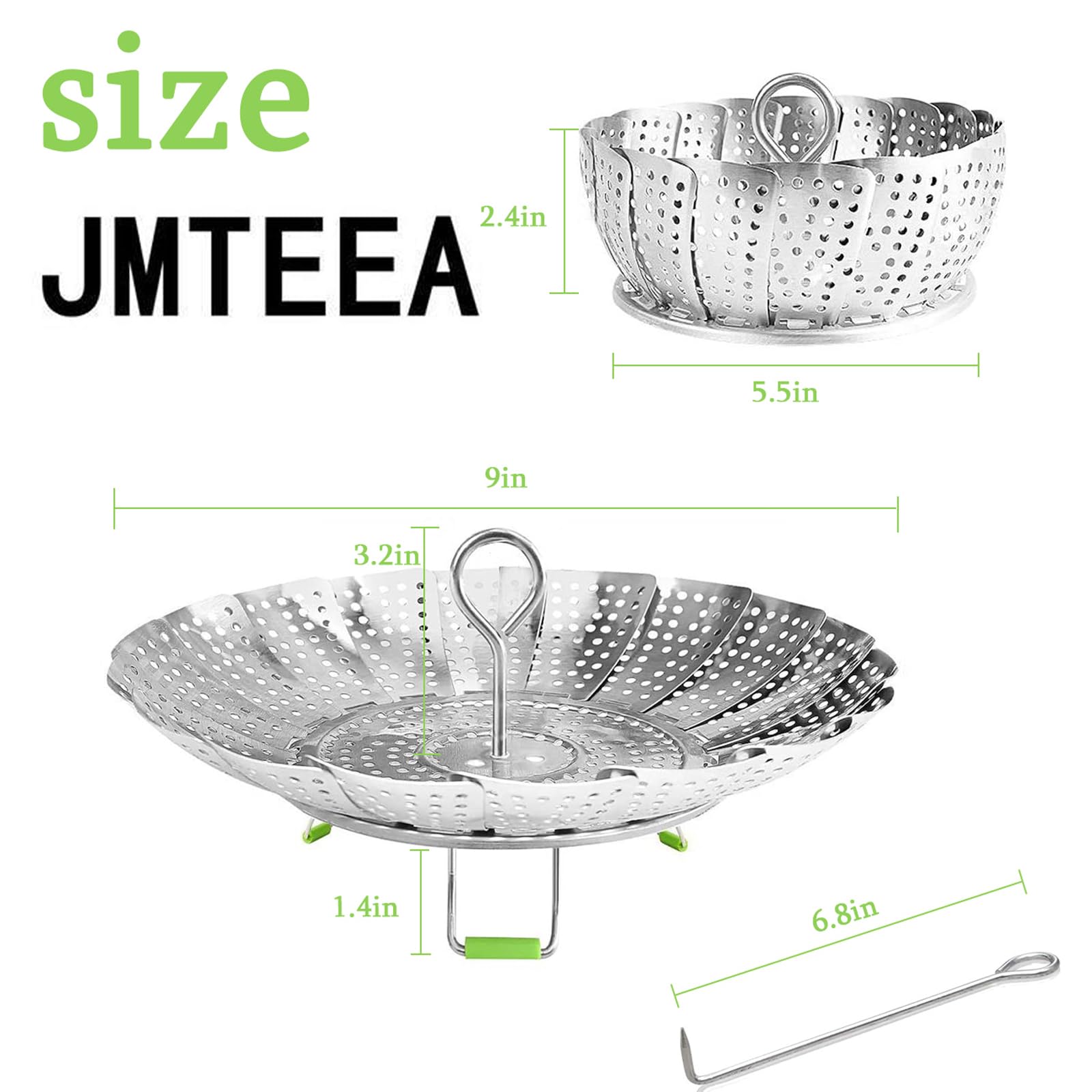 Cesta de vapor de acero inoxidable para verduras, mango de metal, patas de silicona plegable, para cocinar verduras, pescado, mariscos, incluye herramienta de seguridad, apto para olla a presión
