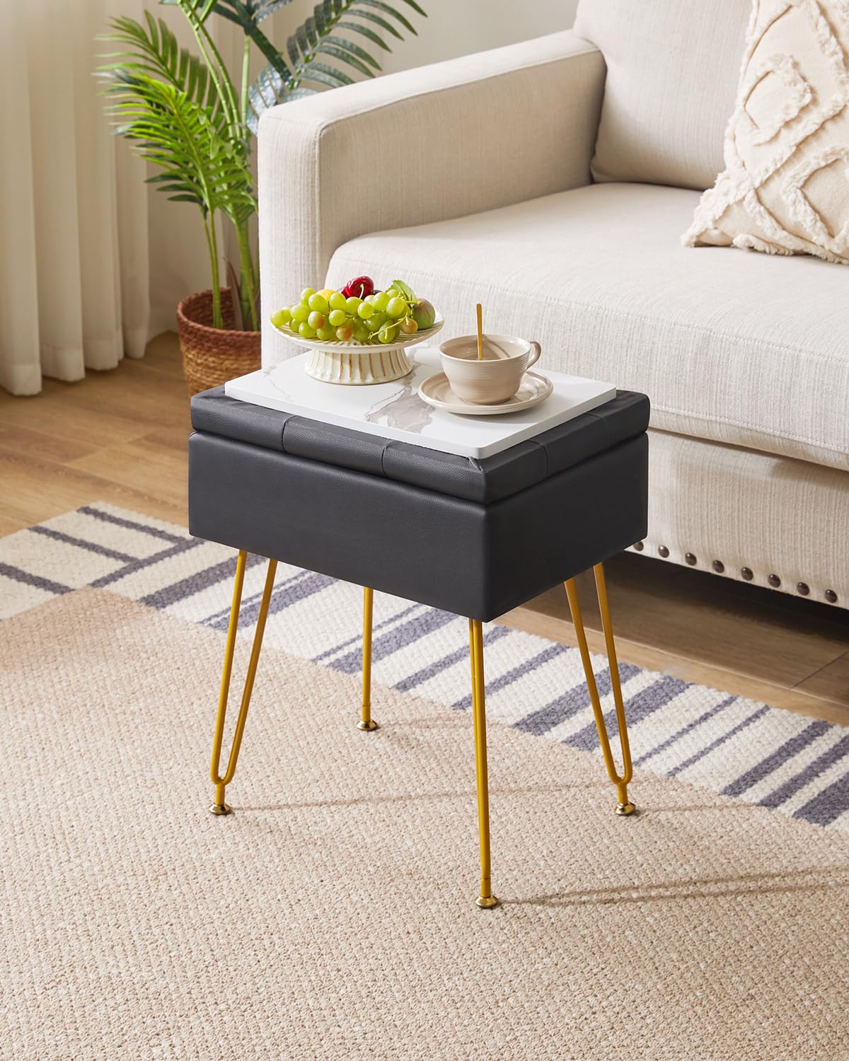 IBUYKE Multifunzionale Stoccaggio Vanity Sgabello con Flip Table, Gambe in Metallo Regolabili & Pelle PU - 40x30x48cm Poggiapiedi ottomano per Trucco, Soggiorno, Ingresso Nero WBD014B