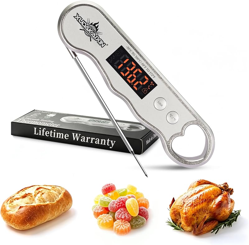 Termómetro para carne de lectura rápida de 0,3 s - Recargable por USB-C, plateado | Lectura digital instantánea para barbacoas, repostería y dulces: no necesita pilas