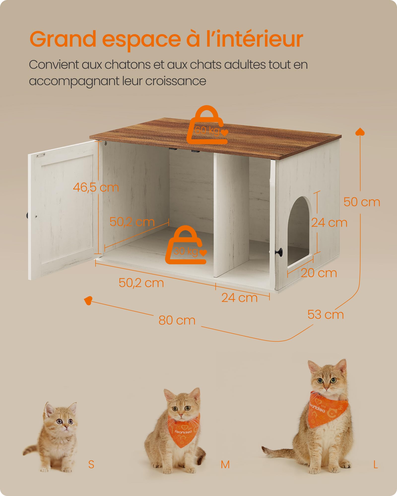 Feandrea Maison de Toilettes pour Chat, Niche, Meuble Litière Chat, avec Séparateur Amovible, Cache-litière, Table Basse, 80 x 53 x 50 cm, Marron Miel et Blanc Rustique PCL002P01V1
