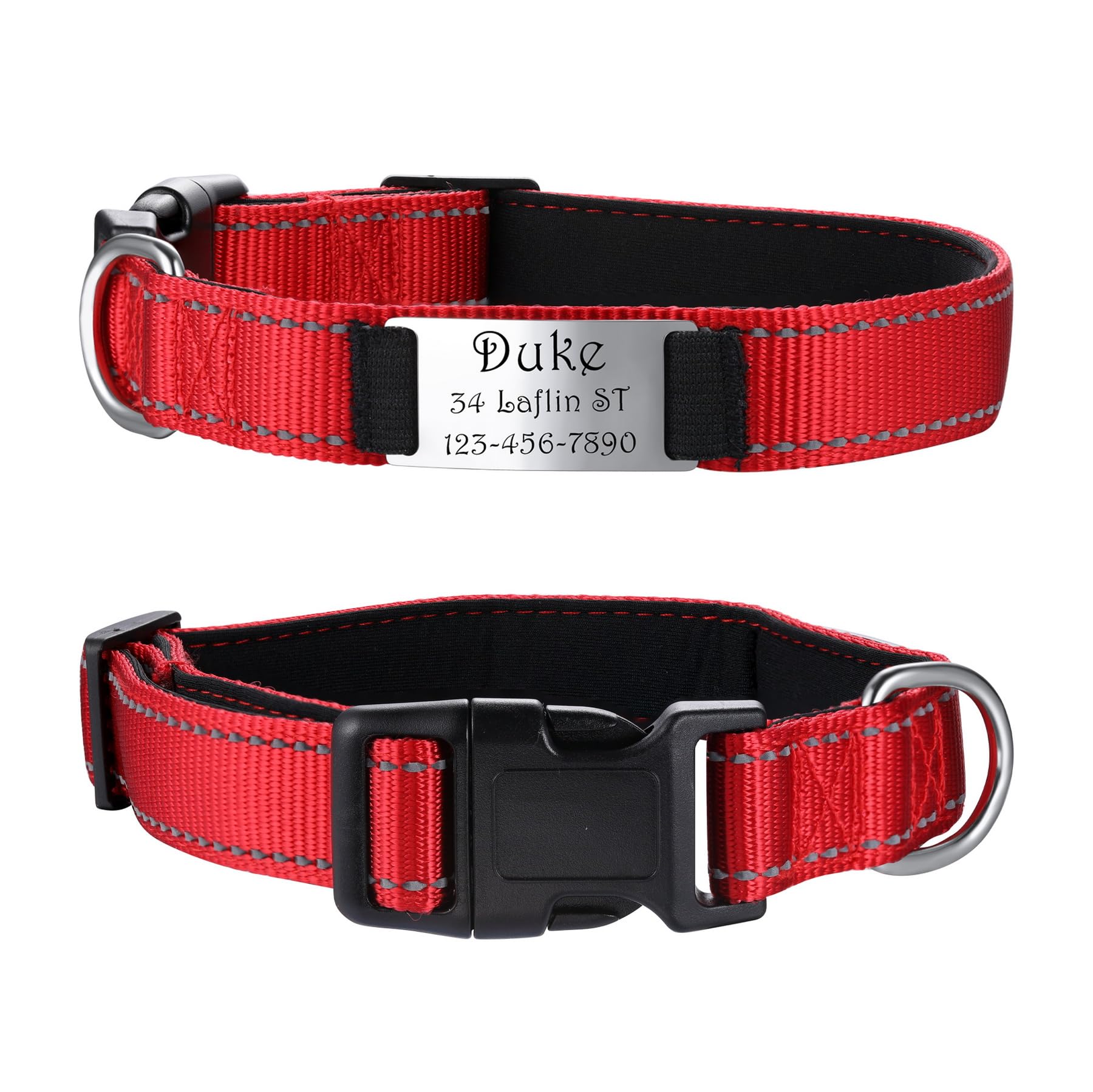 MeMeDIY Personalized Dog Collars Padded Reflective Nylon Dog Collar with Engraved Name Pet ID Tag Silent Stainless Steel Nameplate Adjustable Collar for Small Medium and Large Dogs -Red, S