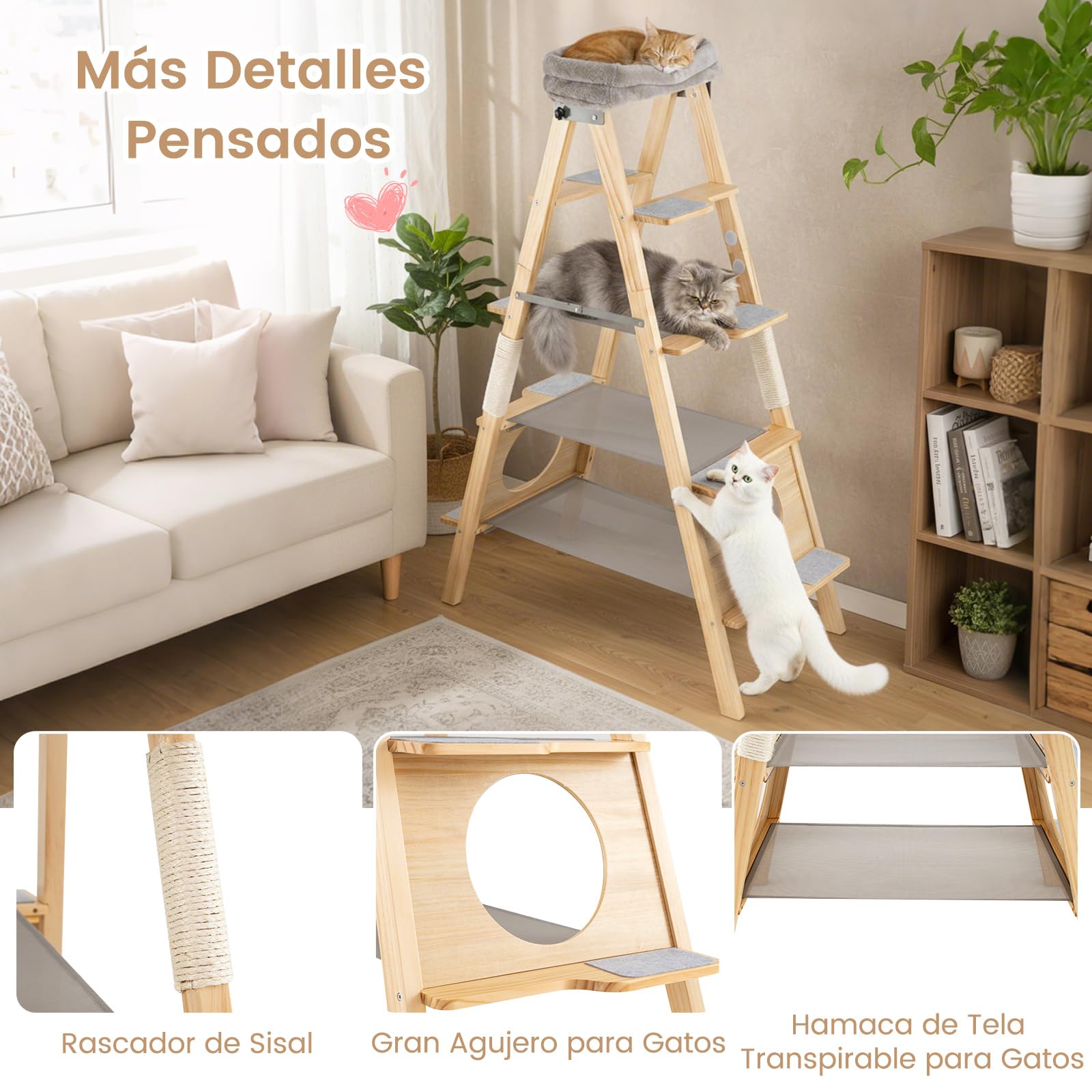 COSTWAY Árbol para Gatos de Madera Maciza, 151 cm, Rascador Gato Plegable con Escalera, Torre Alta para Gatitos de 5 Niveles con Cama, Perchero Tapizado y Poste Rascador de Sisal, Natural y Gris
