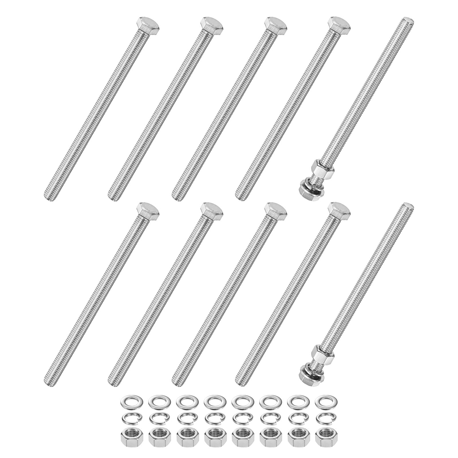 M METERXITY 10-Pack Hex Head Screw Bolt with Nuts Flat & Lock Washers M12x180mm Stainless Steel Bolts and Nuts Kit Fully Threaded Metric Bolt Assortment for Equipment/Machinery