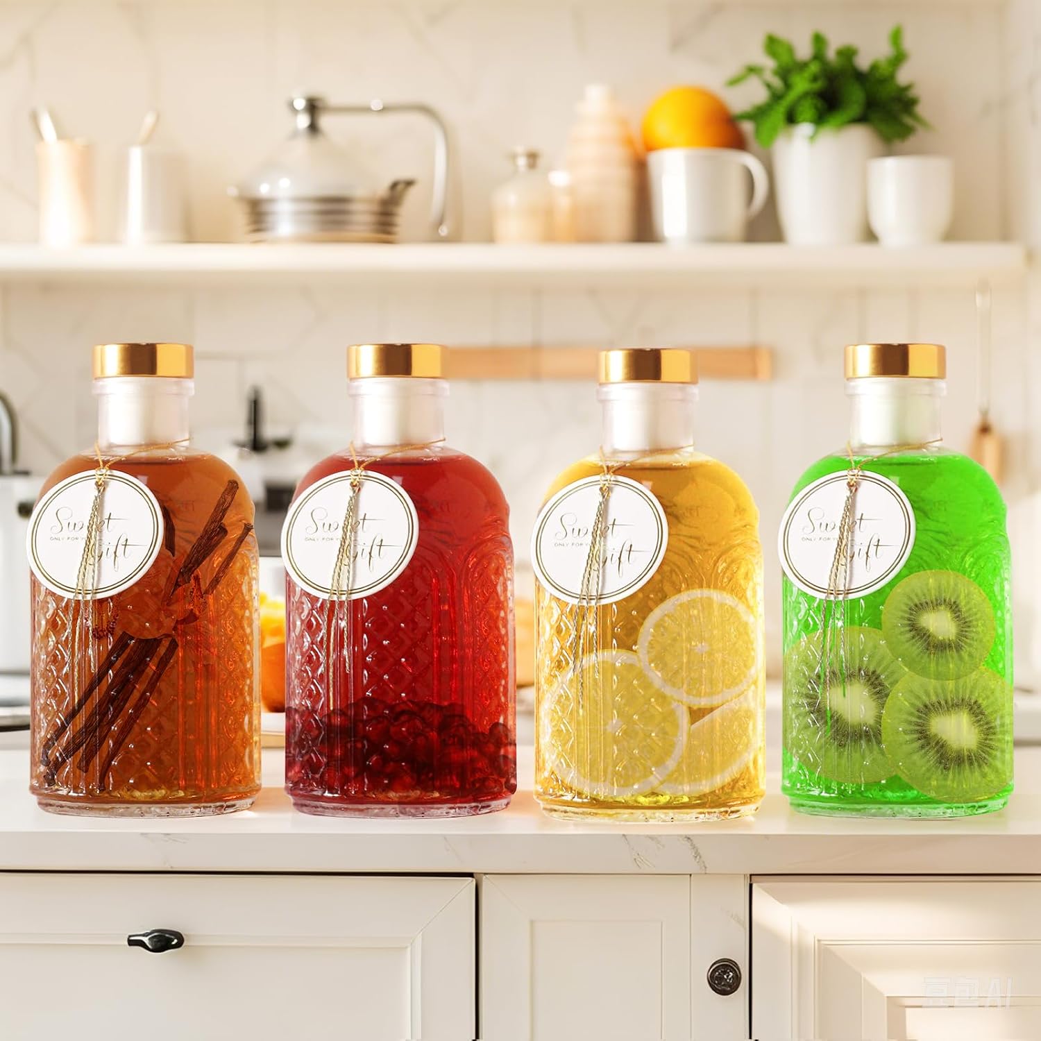 Clear Glass Bottles - 7 oz Pack of 6 Heavy Base Glass Bottles with Gift Labels and Decorations for Oil Vinegar Kombucha Wine Drinks Beer Water Soda with Gold Airtight Lid 7oz