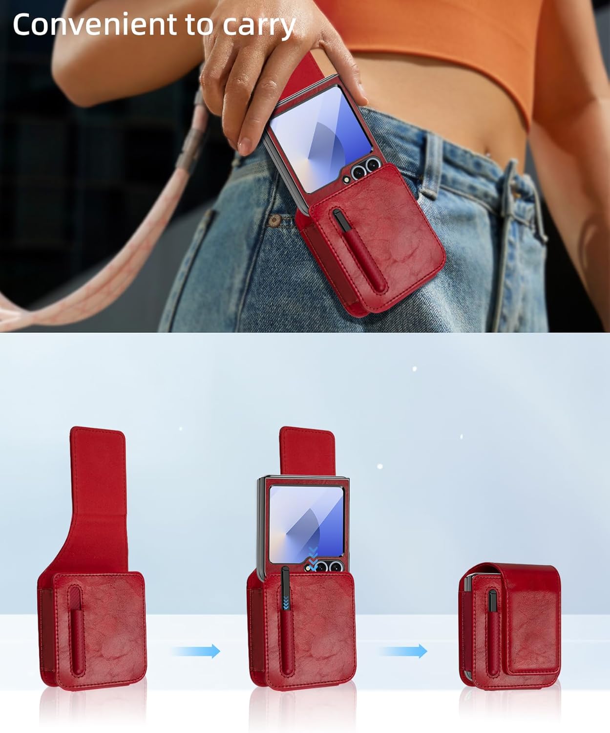 for Samsung Galaxy Z Flip 6 Belt Holster Phone case with S Pen, 360 ° Rotating and Magnetic Closure Belt Clip, Built-in Screen Protector, Luxury Pu Leather Phone Pouch(Red)