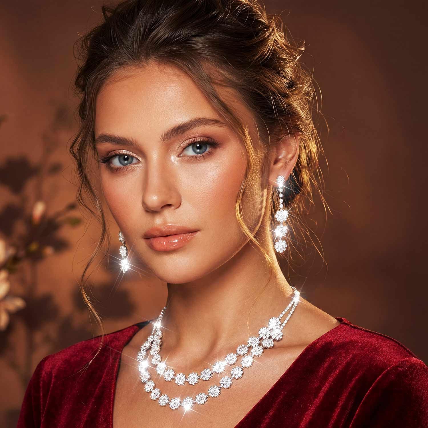 Nicute Rhinestone Jewelry Set Sparkly Necklace Earrings Set Fashion Wedding Prom Party Jewelry for Women (Silver) - Image 6