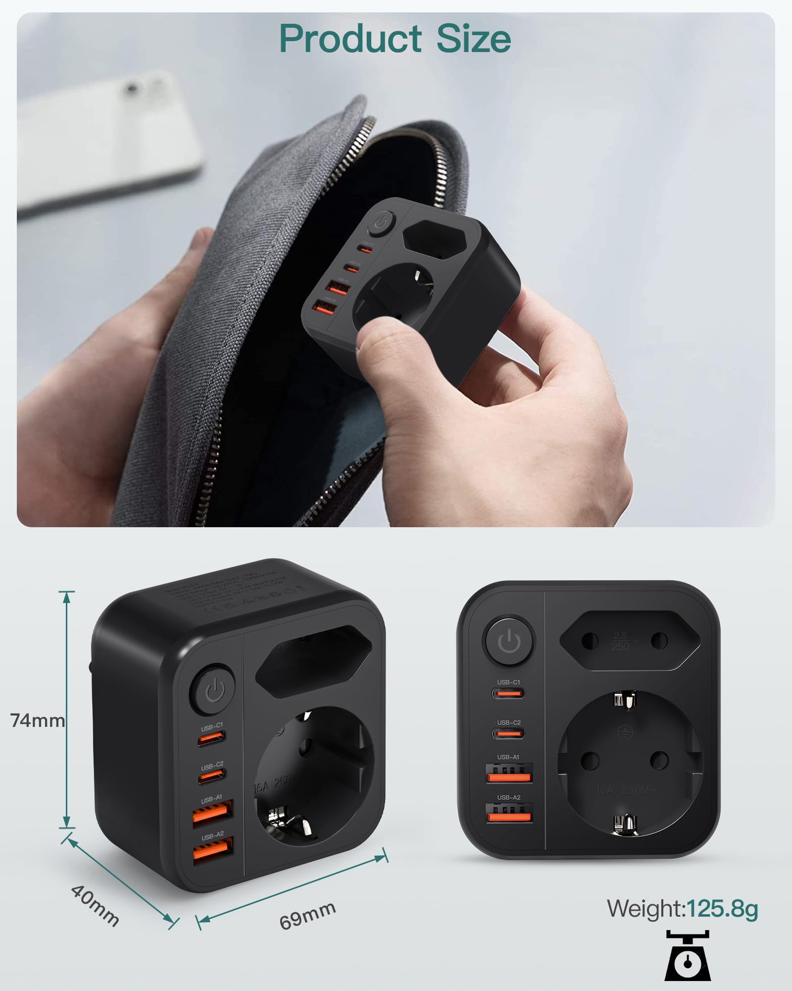 Kostka z gniazdem USB C, 4-gniazdowy adapter kostkowy wielofunkcyjny, 6 w 1 USB, listwa zasilająca, ładowarka biurkowa, szybkie ładowanie dla domu i biura, czarna