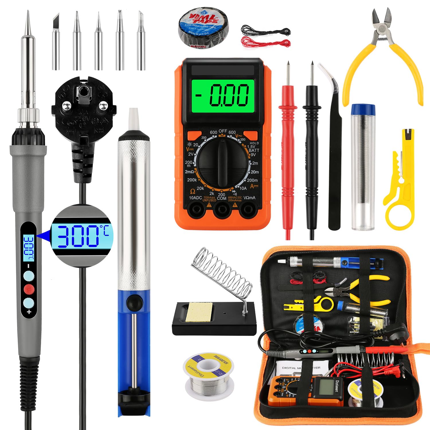 Saldatore a Stagno Professionale Kit 60 W Temperatura Regolabile 180-500 °C Stagnatore Elettrico 19 in 1 con Multimetro Digitale & 5 Punte, Pompa Dissaldante, Pinzette
