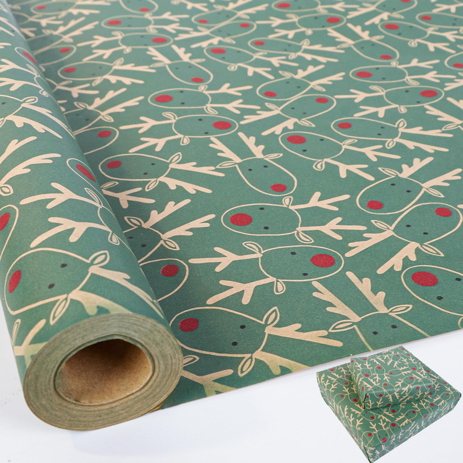 Christmas Wrapping Paper Roll,43cm*15m Elk Head Wrapping Paper,Christmas Reindeer Head Wrap Paper for Xmas Party Gifts,Birthday,New Year Present Decorations (green)
