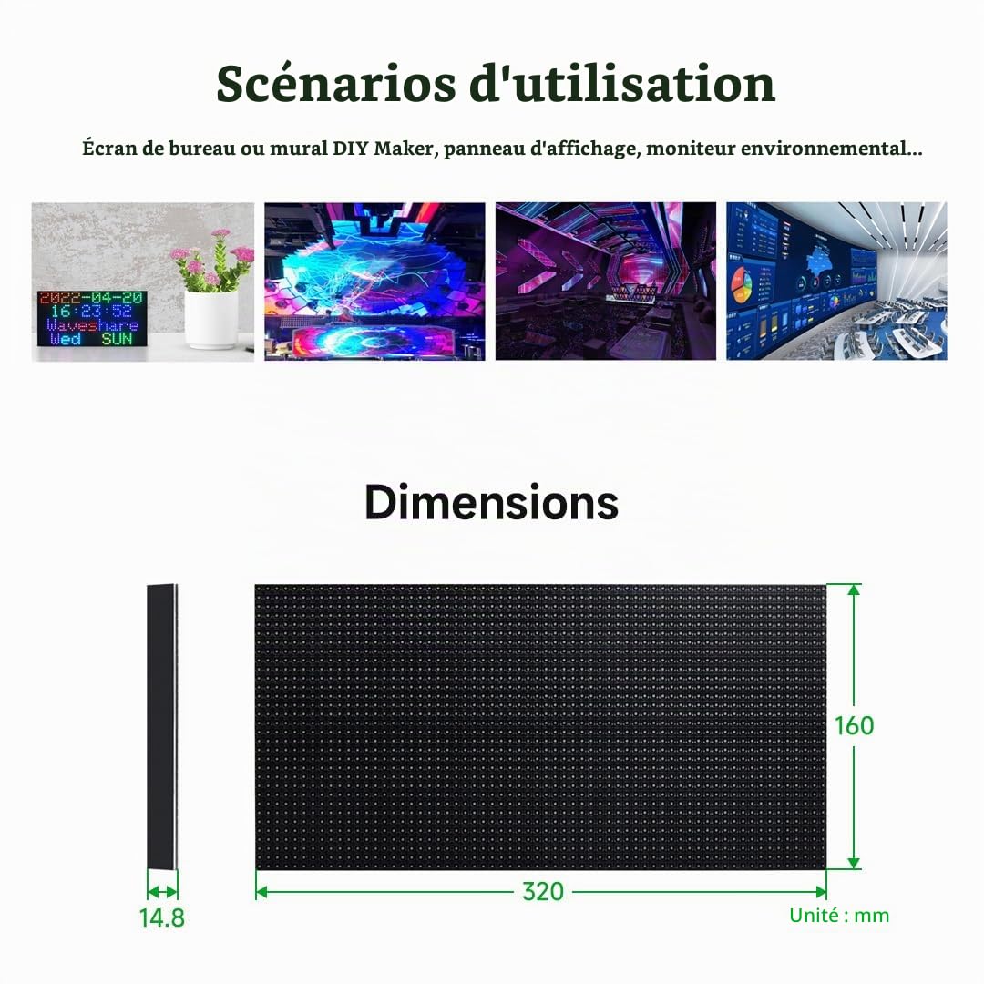 Waveshare RGB Full-Color LED Matrix Panel, 5mm Pitch, 64×32 Pixels, Adjustable Brightness
