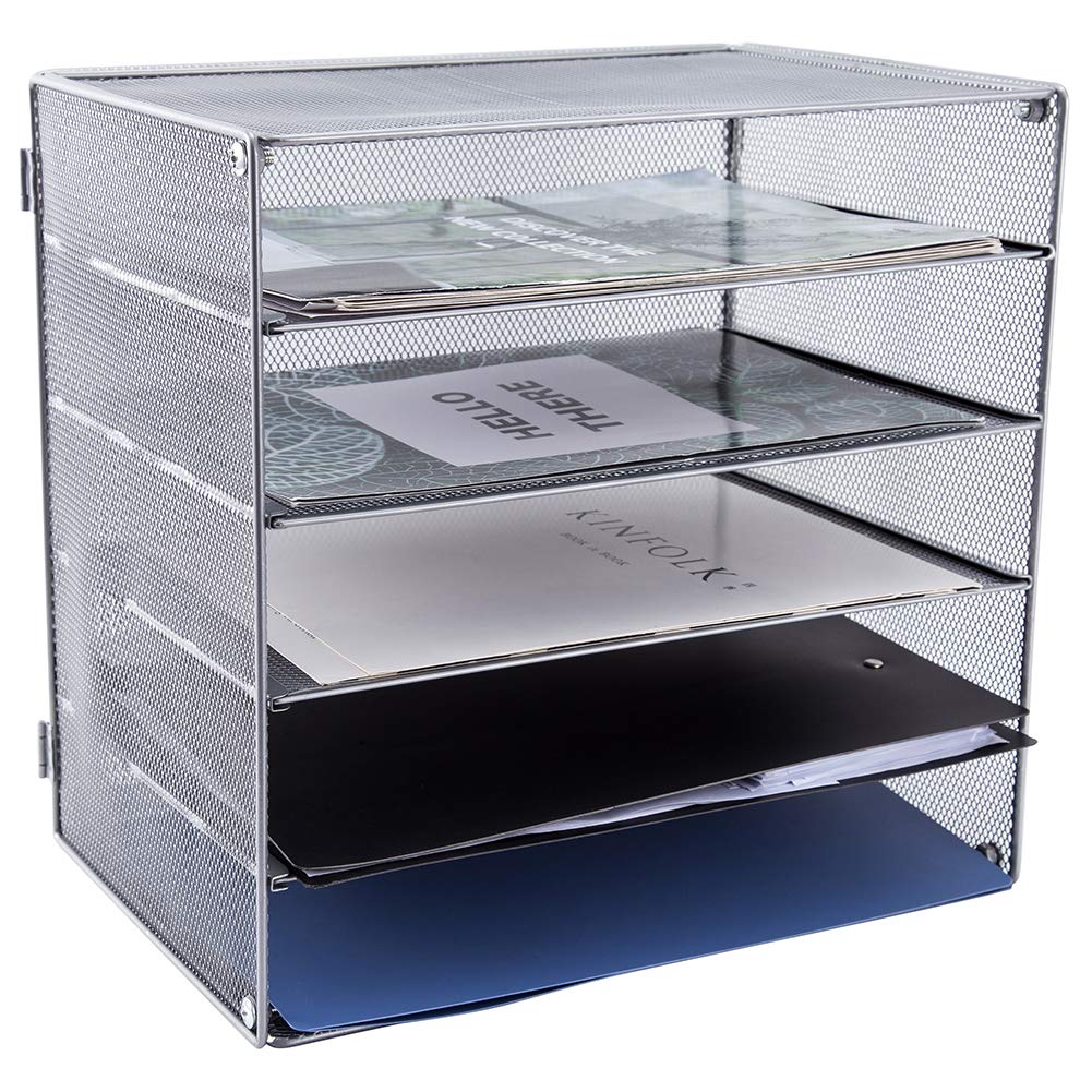 EASEPRES Vassoio organizer da scrivania a 5 scomparti in rete, resistente, per cartelle di carta e lettere, organizer per posta, accessori per ufficio, casa, scuola, classe, argento